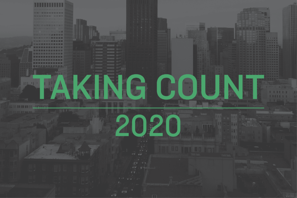 Taking Count 2020|50% of Bay Area residents can't pay their bills at least once during the year.|taking count graphic over a picture of San Francisco