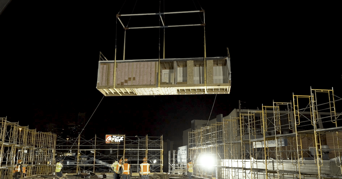 Construction project underway at night.
